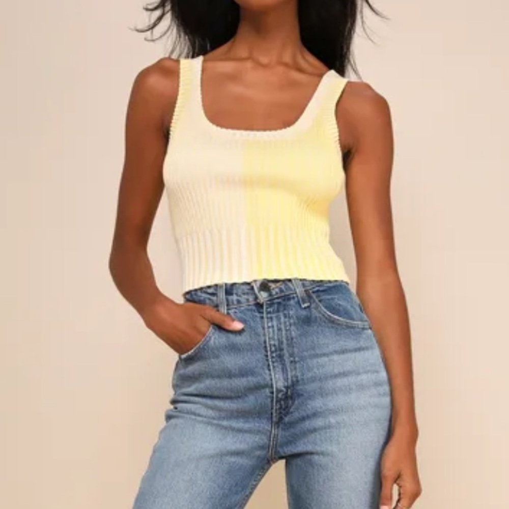 LULUS Made to Be Mod Yellow Color Block Ribbed Cropped Tank Top